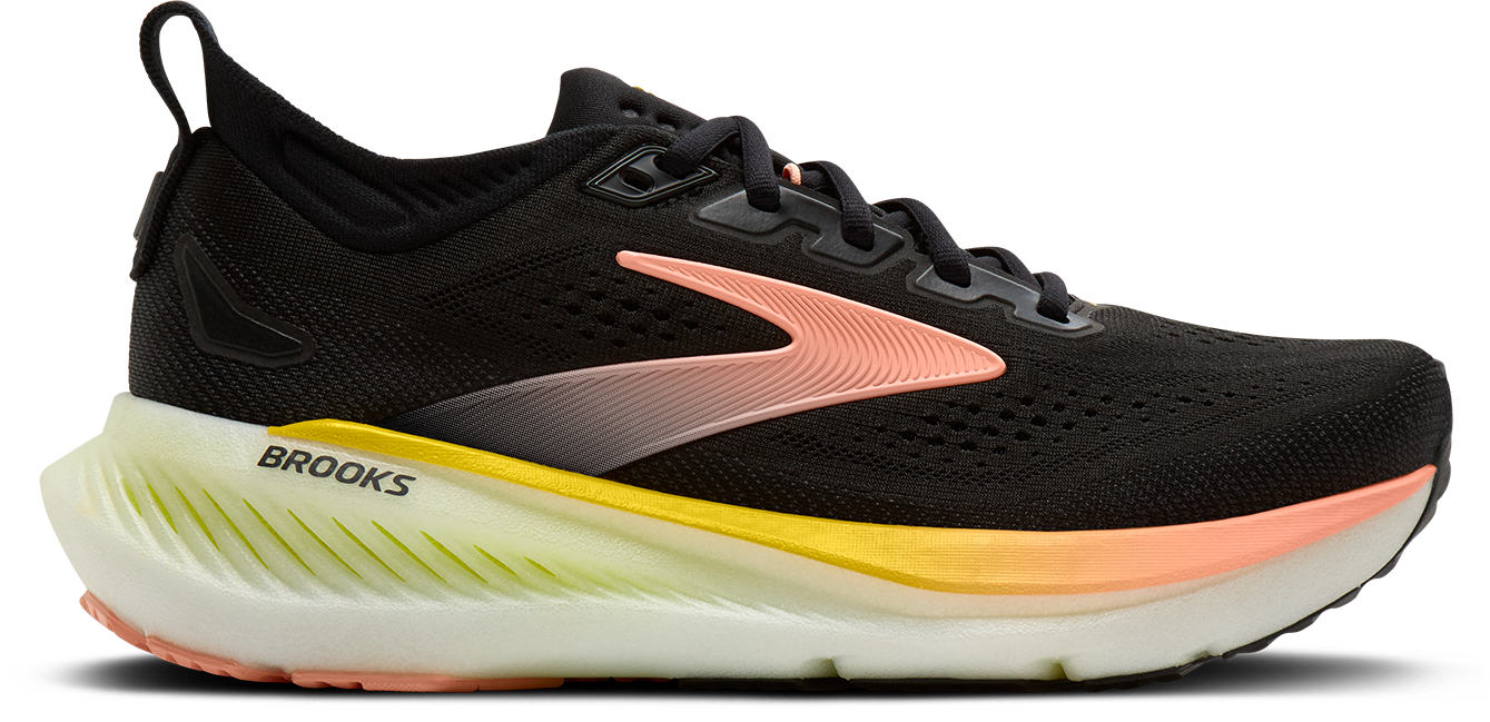 brooks glycerin 23 women, maximum cushioned road running and walking shoe, black with yellow and peach details, side profile of shoe