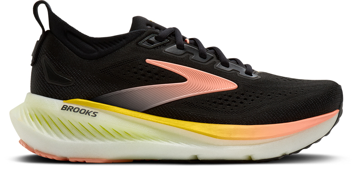 brooks glycerin 23 women, maximum cushioned road running and walking shoe, black with yellow and peach details, side profile of shoe