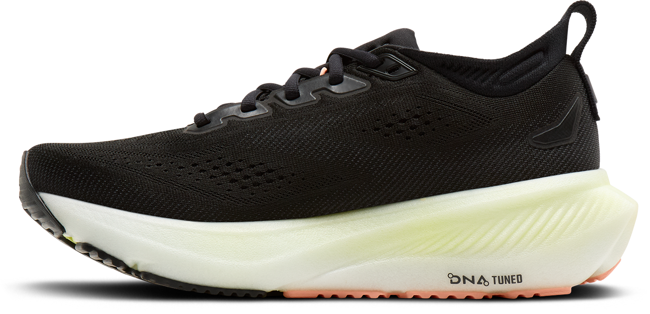 brooks glycerin 23 women, maximum cushioned road running and walking shoe, black with yellow and peach details, inside profile of shoe