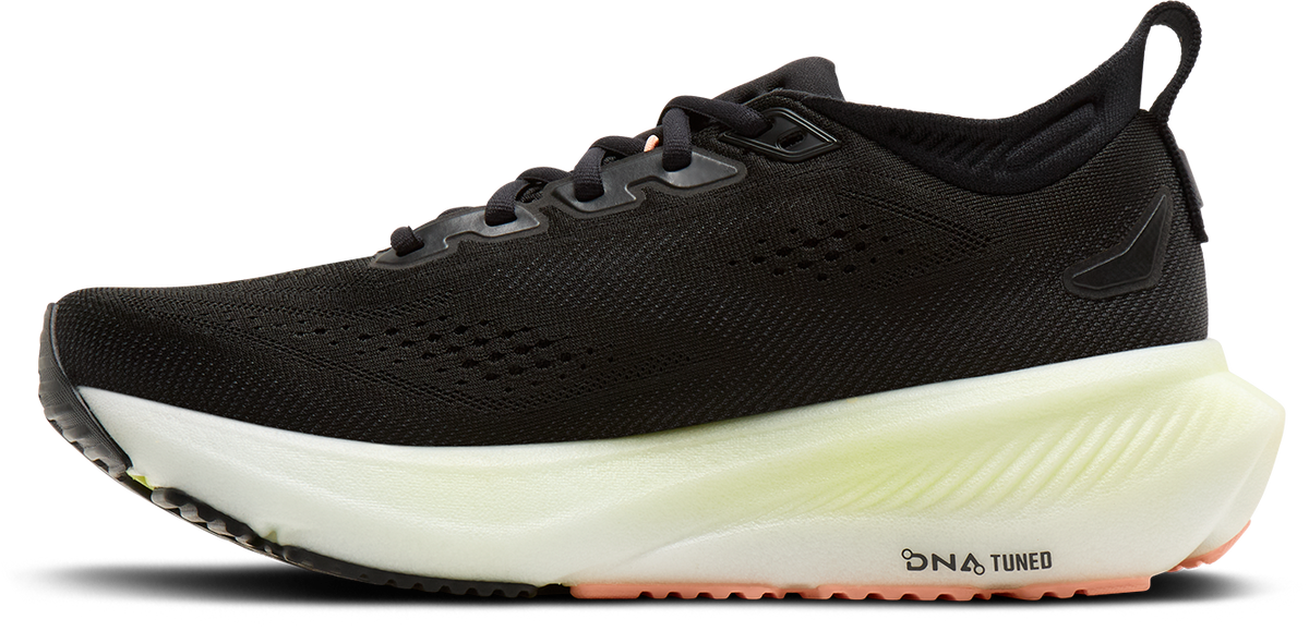 brooks glycerin 23 women, maximum cushioned road running and walking shoe, black with yellow and peach details, inside profile of shoe