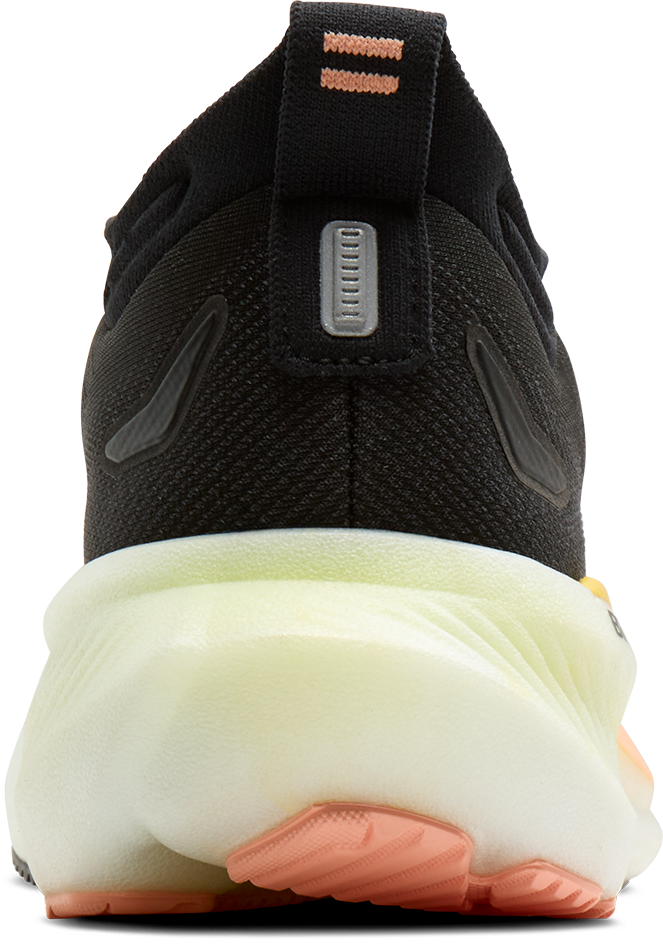 brooks glycerin 23 women, maximum cushioned road running and walking shoe, black with yellow and peach details, heel of shoe