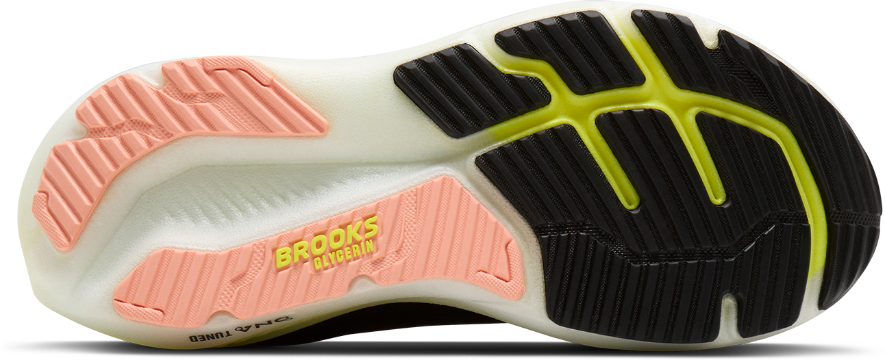 brooks glycerin 23 women, maximum cushioned road running and walking shoe, black with yellow and peach details, sole of shoe