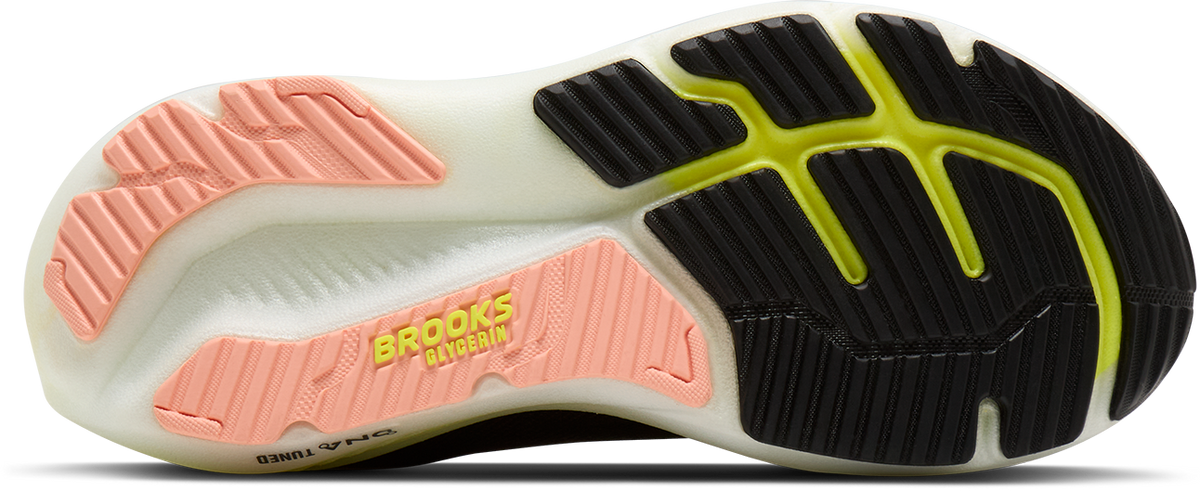 brooks glycerin 23 women, maximum cushioned road running and walking shoe, black with yellow and peach details, sole of shoe