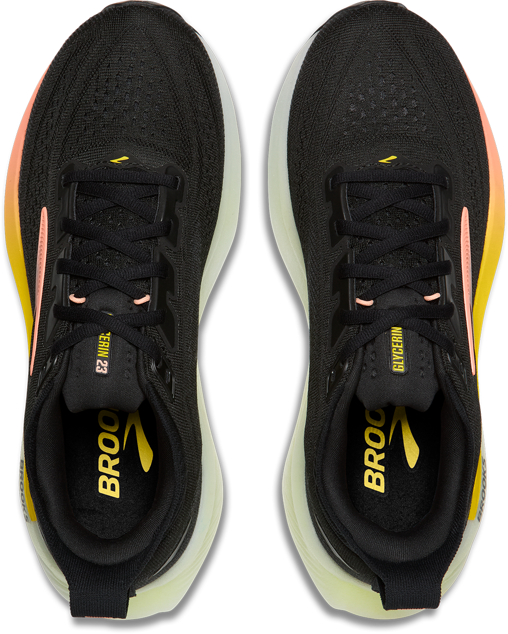 brooks glycerin 23 women, maximum cushioned road running and walking shoe, black with yellow and peach details, top of shoes