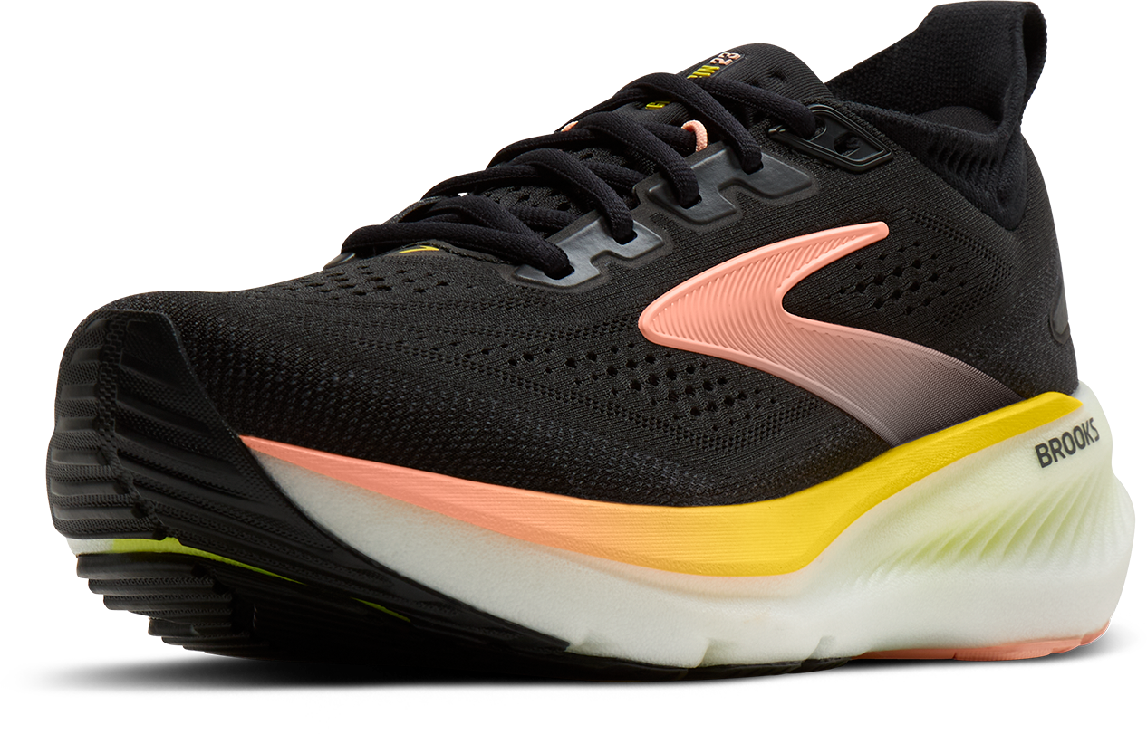 brooks glycerin 23 women, maximum cushioned road running and walking shoe, black with yellow and peach details, angled side profile of shoe