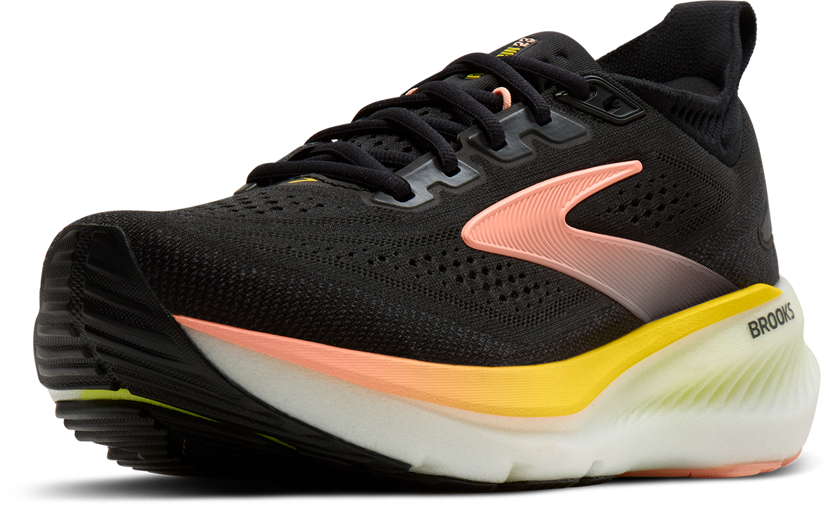 brooks glycerin 23 women, maximum cushioned road running and walking shoe, black with yellow and peach details, angled side profile of shoe