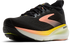 brooks glycerin 23 women, maximum cushioned road running and walking shoe, black with yellow and peach details, angled side profile of shoe