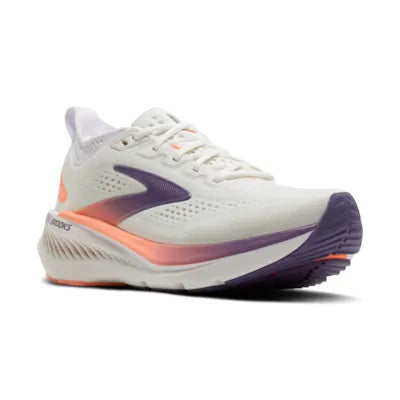 brooks glycerin 23 womens road running shoe, premium plush cushioned shoe for long distance runs, white with purple and coral details, side profile of shoe