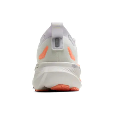 brooks glycerin 23 womens road running shoe, premium plush cushioned shoe for long distance runs, white with purple and coral details, back profile of shoe