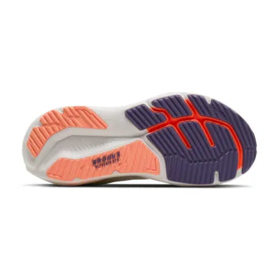 brooks glycerin 23 womens road running shoe, premium plush cushioned shoe for long distance runs, white with purple and coral details, sole of shoe