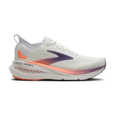 brooks glycerin 23 womens road running shoe, premium plush cushioned shoe for long distance runs, white with purple and coral details, side profile of shoe