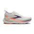brooks glycerin 23 womens road running shoe, premium plush cushioned shoe for long distance runs, white with purple and coral details, side profile of shoe