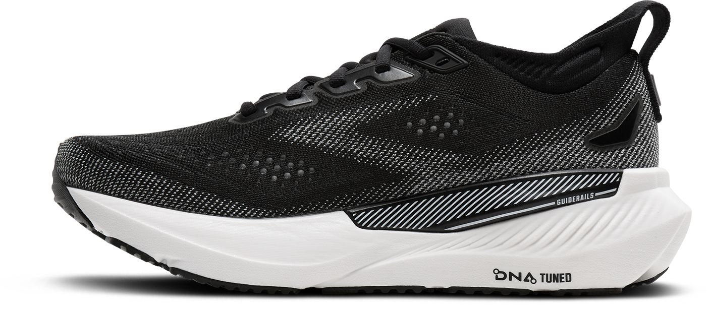 brooks glycerin gts 23 womens, supportive road running and walking shoe, black and white, inside profile of shoes