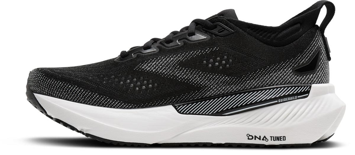 brooks glycerin gts 23 womens, supportive road running and walking shoe, black and white, inside profile of shoes