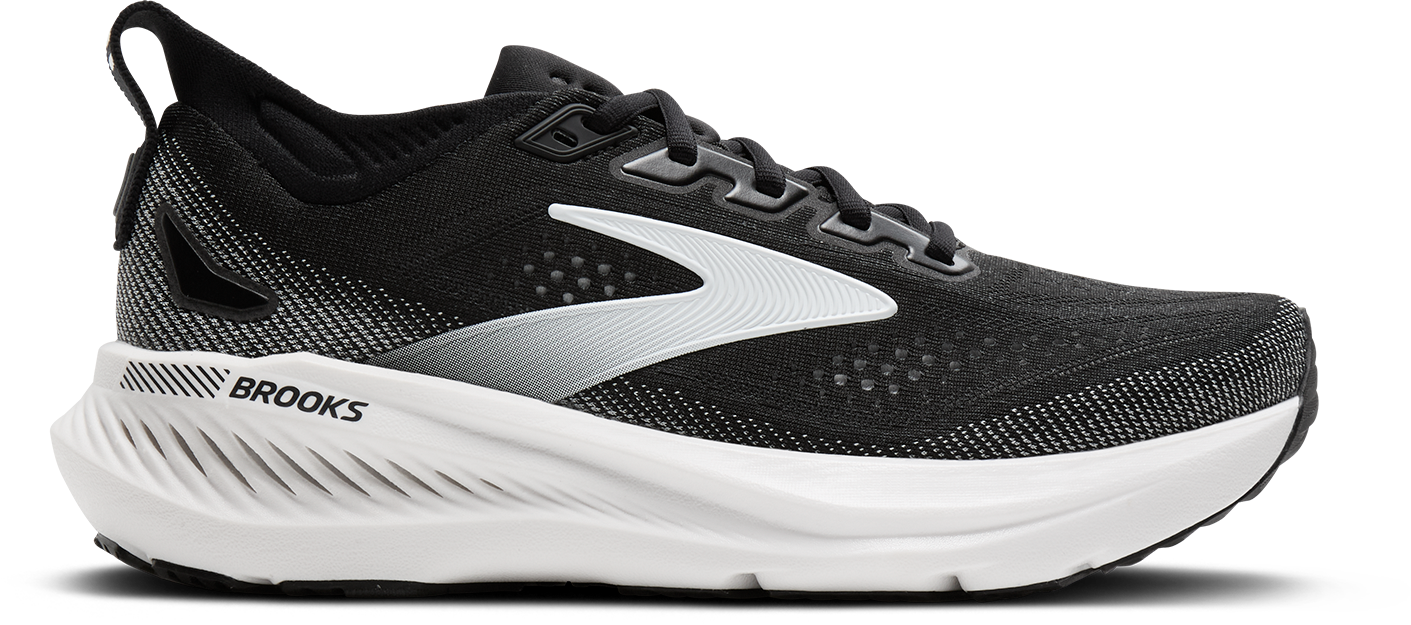 brooks glycerin gts 23 womens, supportive road running and walking shoe, black and white, side profile of shoe