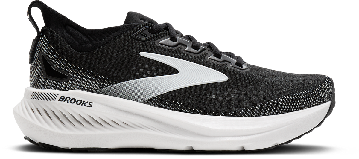 brooks glycerin gts 23 womens, supportive road running and walking shoe, black and white, side profile of shoe