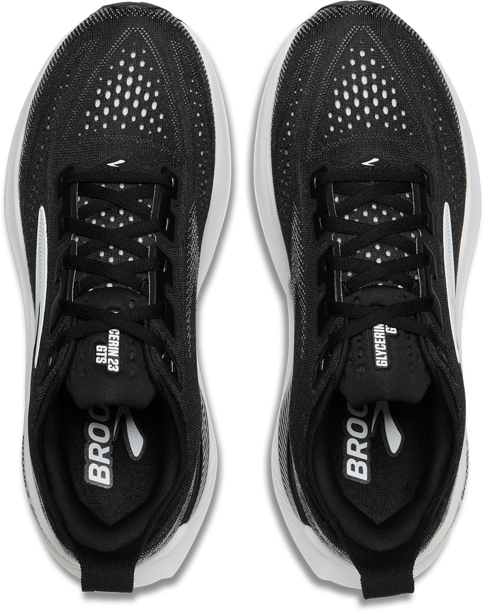 brooks glycerin gts 23 womens, supportive road running and walking shoe, black and white, top down view of shoes