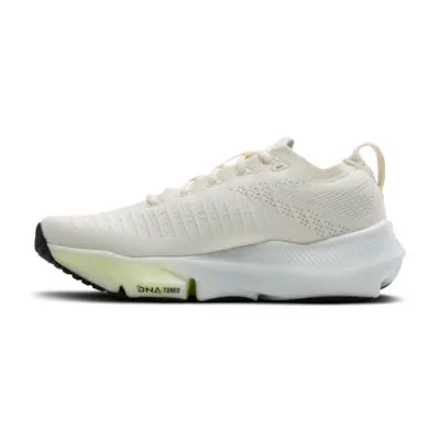 brooks glycerin flex for women, lightweight flexible running or walking shoe that moves with your foot while adding unrestrictive cushioning, white with peach details, side profile of shoe