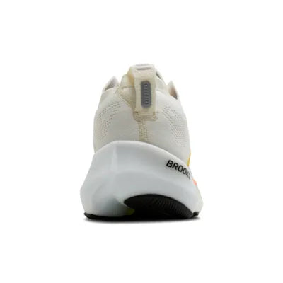 brooks glycerin flex for women, lightweight flexible running or walking shoe that moves with your foot while adding unrestrictive cushioning, white with peach details, back profile of shoe