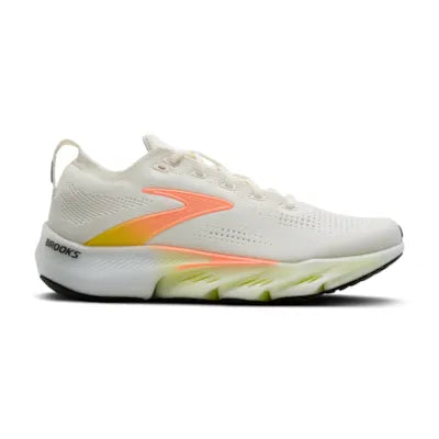 brooks glycerin flex for women, lightweight flexible running or walking shoe that moves with your foot while adding unrestrictive cushioning, white with peach details, side profile of shoe