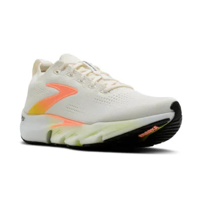 brooks glycerin flex for women, lightweight flexible running or walking shoe that moves with your foot while adding unrestrictive cushioning, white with peach details, front profile of shoe