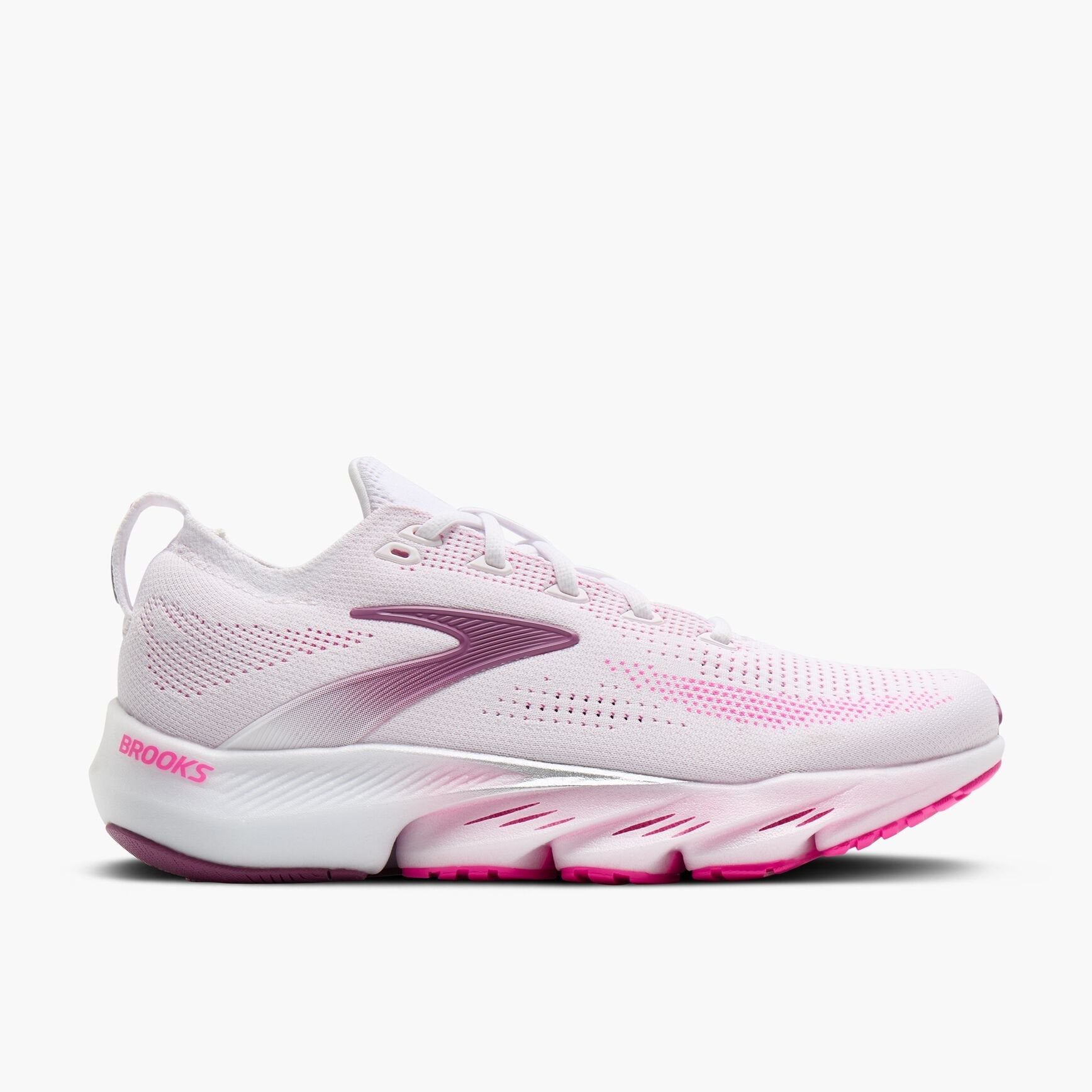 brooks glycerin flex for women, lightweight flexible running or walking shoe that moves with your foot while adding unrestrictive cushioning, white with pink details, side profile of shoe