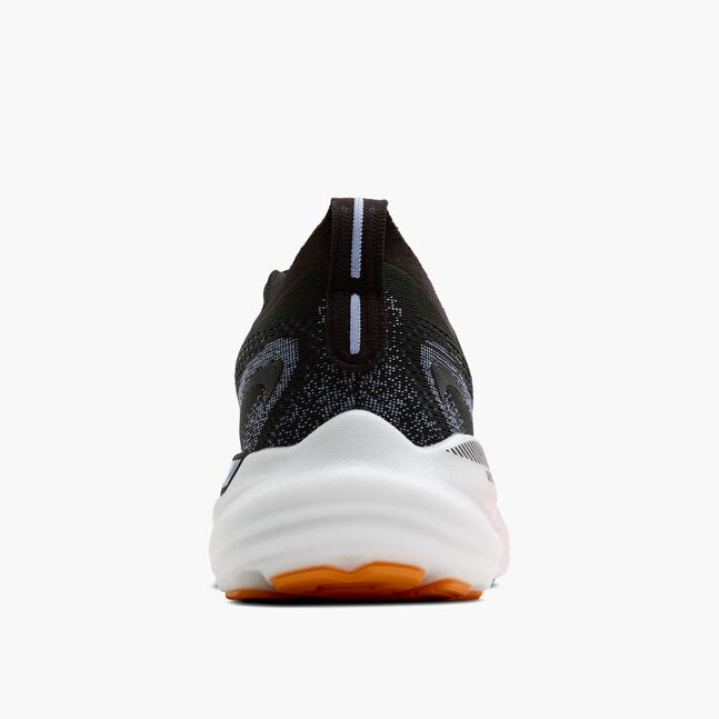 glycerin gts 22 for women, black and white with purple detail, cushioned supportive running shoe, heel of shoe