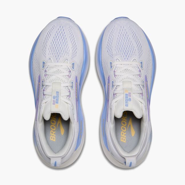 glycerin gts 22 for women, white with purple detail, cushioned supportive running shoe, top down view of runners