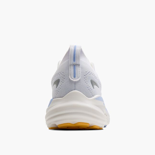 glycerin gts 22 for women, white with purple detail, cushioned supportive running shoe, heel of shoe