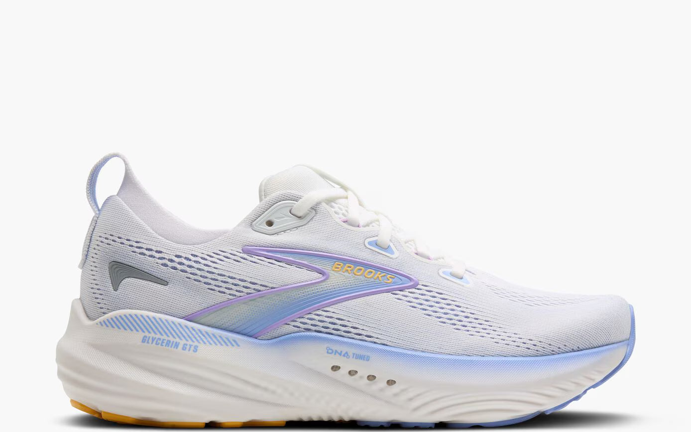 glycerin gts 22 for women, white with purple detail, cushioned supportive running shoe, side profile of runner