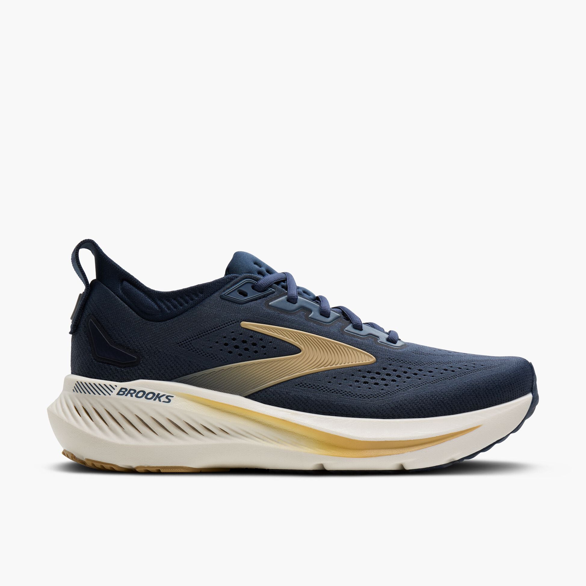 brooks glycerin gts for men, supportive running shoe, navy with gold logo