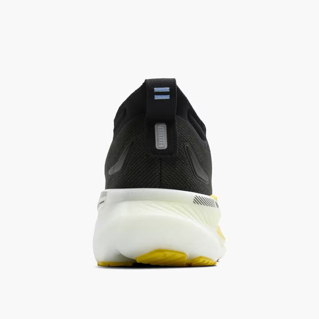 back view of mens brooks glycerin gts 23 supportive running shoe in a black colour with yellow accent