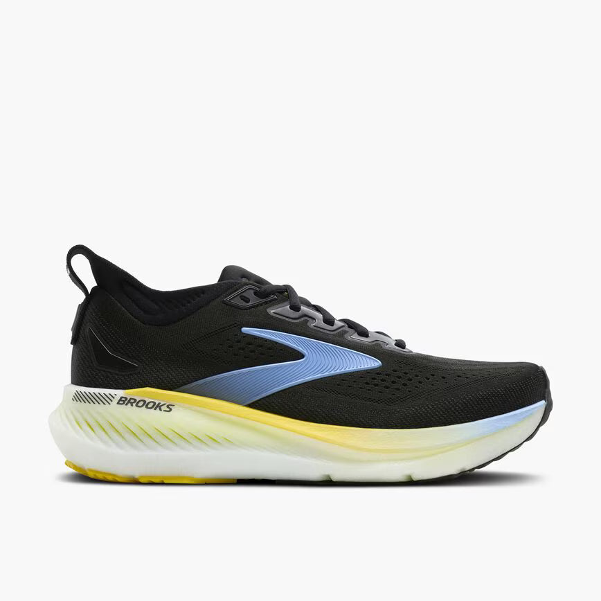 side view of mens brooks glycerin gts 23 supportive running shoe in a black colour with yellow accent