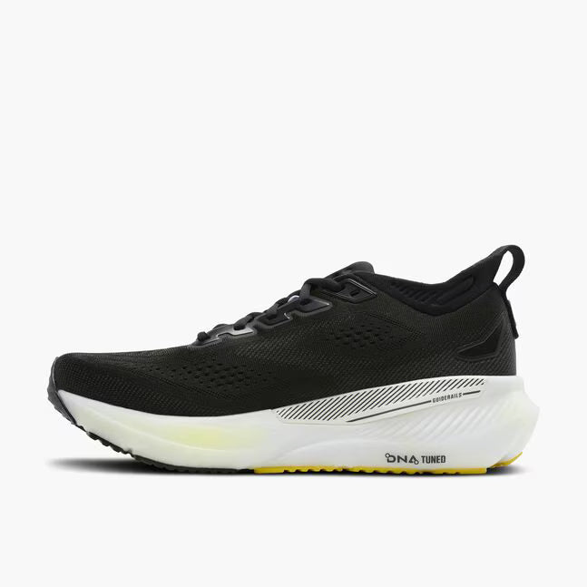 side view of mens brooks glycerin gts 23 supportive running shoe in a black colour with yellow accent