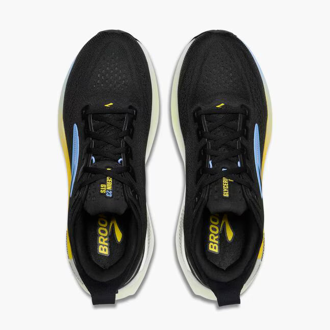 top view of mens brooks glycerin gts 23 supportive running shoe in a black colour with yellow accent