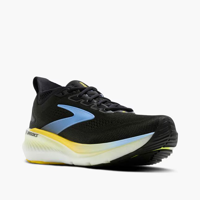 side view of mens brooks glycerin gts 23 supportive running shoe in a black colour with yellow accent