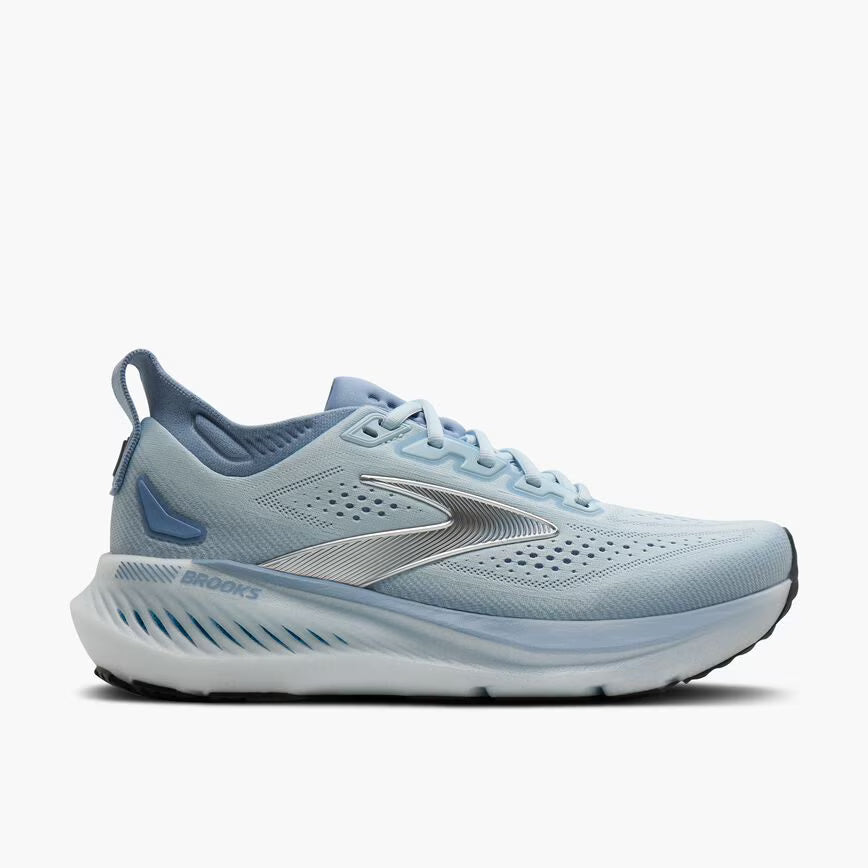 side view of brooks glycerin gts 23 running shoe for women in a light blue colour