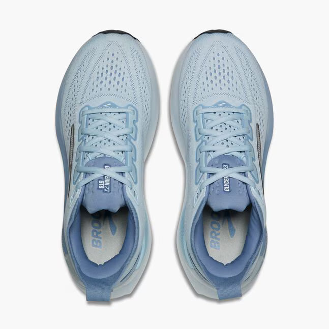  top down view of brooks glycerin gts 23 running shoe for women in a light blue colour