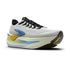 brooks glycerin max, bouncy, energetic, max cushioned daily trainer for men . white upper black and blue details. side profile of shoe 