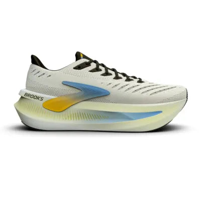 brooks glycerin max, bouncy, energetic, max cushioned daily trainer for men . white upper black and blue details. side profile of shoe 