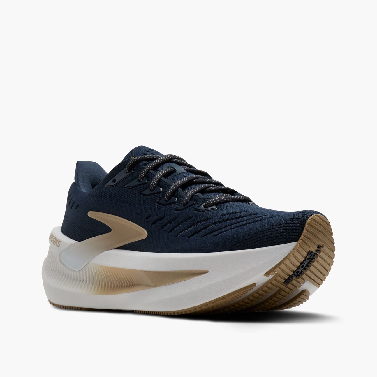 brooks glycerin max, bouncy, energetic, max cushioned daily trainer. navy upper with white sole and gold details. outside front side view.
