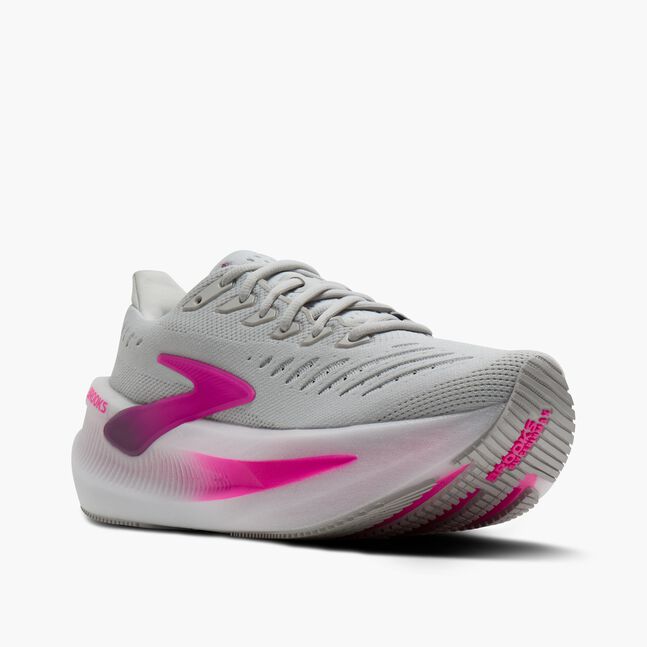 brooks glycerin max 2 for women, ultra cushioned running shoe for long distances and recovery runs, white and grey with pink details, inside profile angled