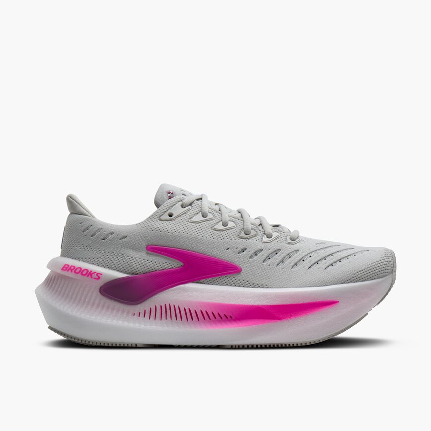 brooks glycerin max 2 for women, ultra cushioned running shoe for long distances and recovery runs, white and grey with pink details, side profile of shoe