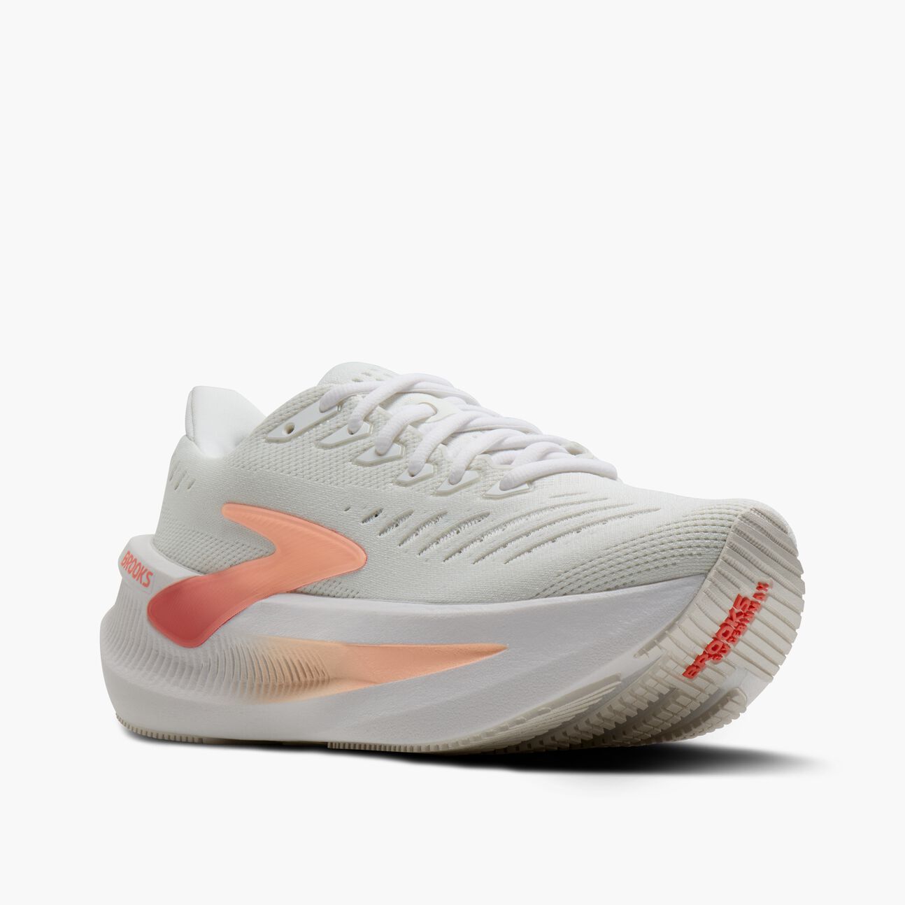 brooks glycerin max 2 for women, ultra cushioned running shoe for long distances and recovery runs, white and grey with orange details, side profile of shoe