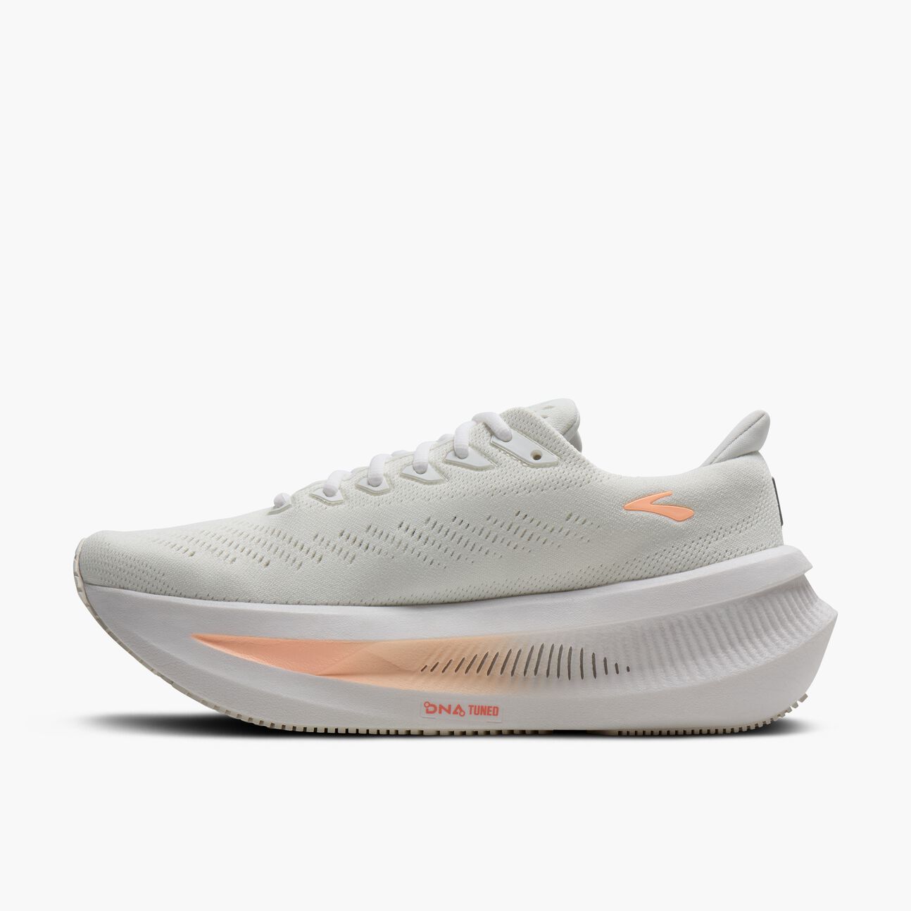 brooks glycerin max 2 for women, ultra cushioned running shoe for long distances and recovery runs, white and grey with orange details, outside side profile of shoe