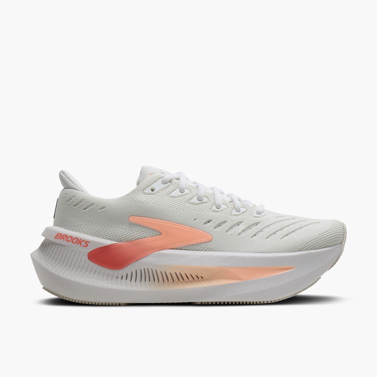 brooks glycerin max 2 for women, ultra cushioned running shoe for long distances and recovery runs, white and grey with orange details, side profile of shoe
