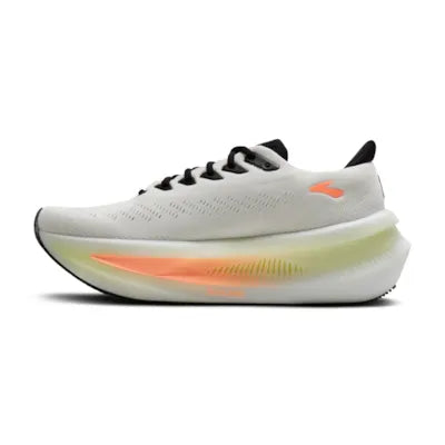 brooks glycerin max 2 for women, ultra cushioned running shoe for long distances and recovery runs, white and black with coral details, side profile of shoe