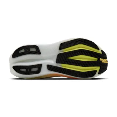 brooks glycerin max 2 for women, ultra cushioned running shoe for long distances and recovery runs, white and black with coral details, bottom profile of shoe