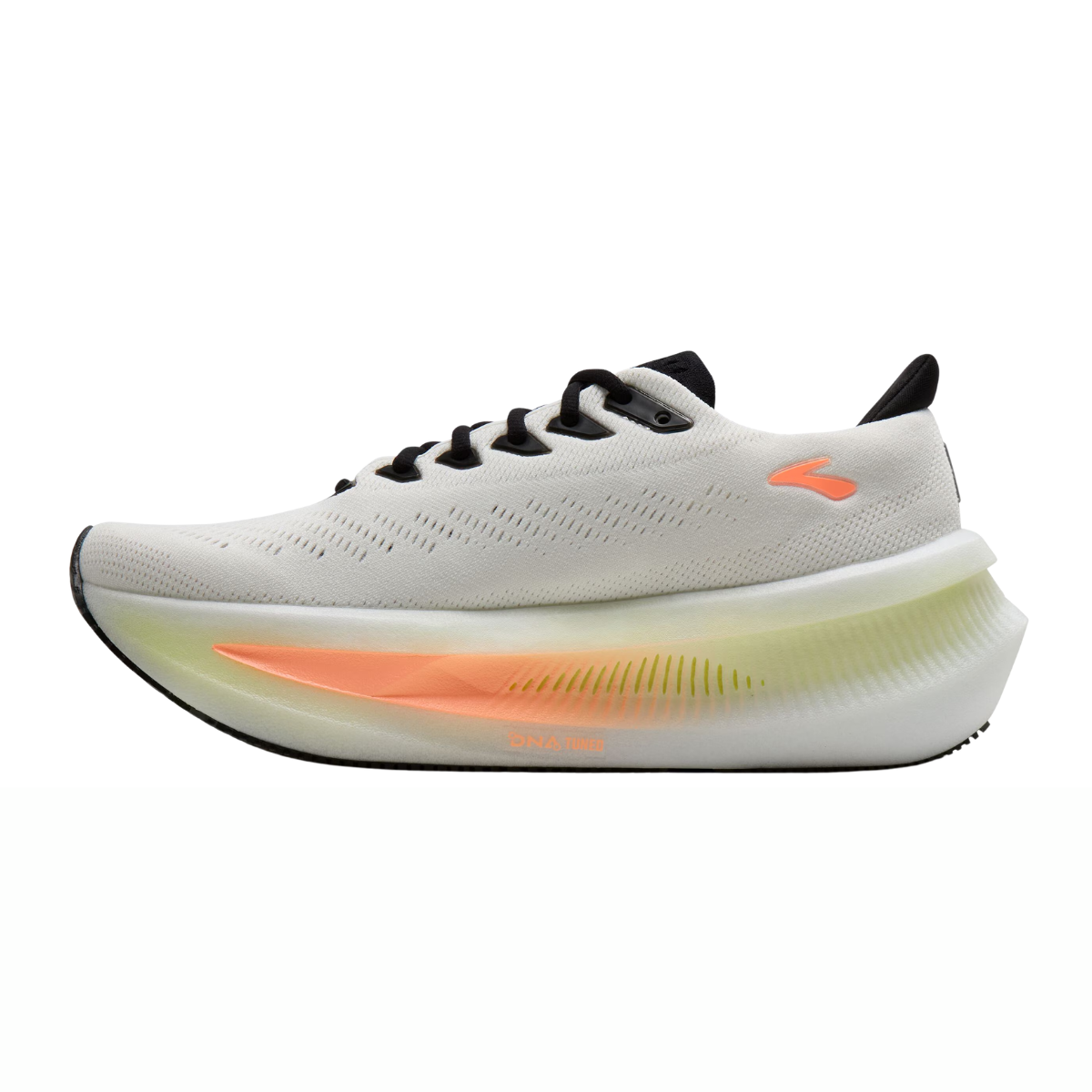 brooks glycerin max 2 for women, ultra cushioned running shoe for long distances and recovery runs, white and black with coral details, side profile of shoe