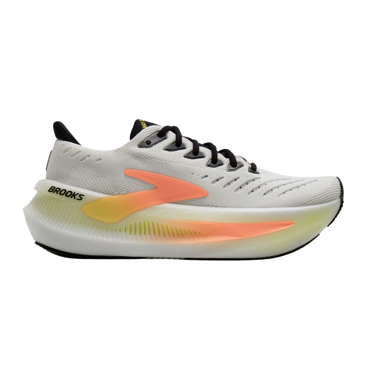 brooks glycerin max 2 for women, ultra cushioned running shoe for long distances and recovery runs, white and black with coral details, side profile of shoe